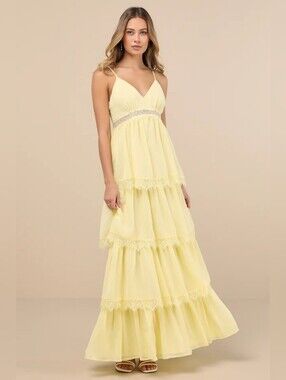 Reeds Spring Prom Lulus | Dresses | Lulus Reed Light Yellow Tiered Lace Maxi Dress Xs ...
